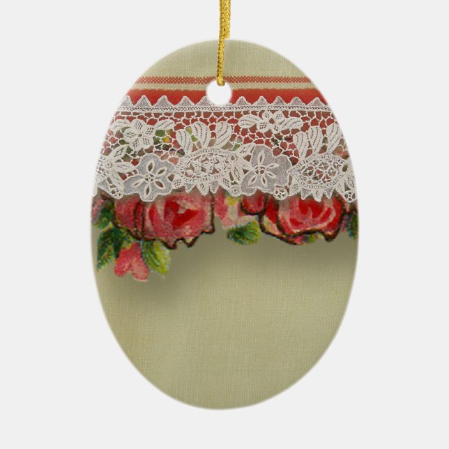 Antique Rose Lace Rustic Red Victorian Burlap Ceramic Ornament (Front)