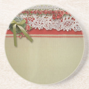 Antique Rose Lace Rustic Red Victorian Burlap Drink Coaster