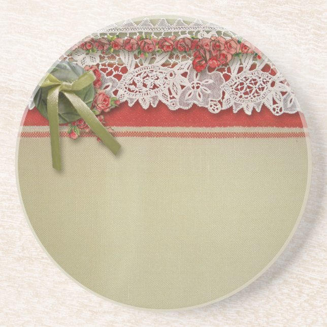 Antique Rose Lace Rustic Red Victorian Burlap Drink Coaster (Front)