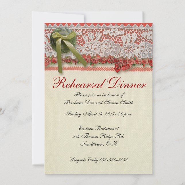 Antique Rose Lace Rustic Red Victorian Burlap Invitation (Front)