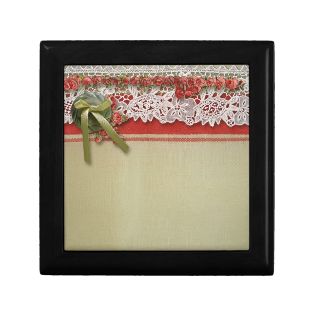 Antique Rose Lace Rustic Red Victorian Burlap Keepsake Box (Front)