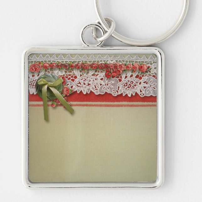 Antique Rose Lace Rustic Red Victorian Burlap Keychain (Front)