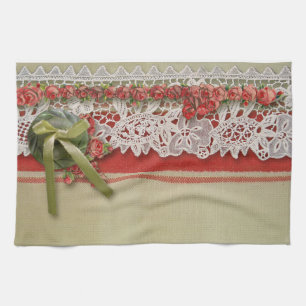 Antique Rose Lace Rustic Red Victorian Burlap Kitchen Towel