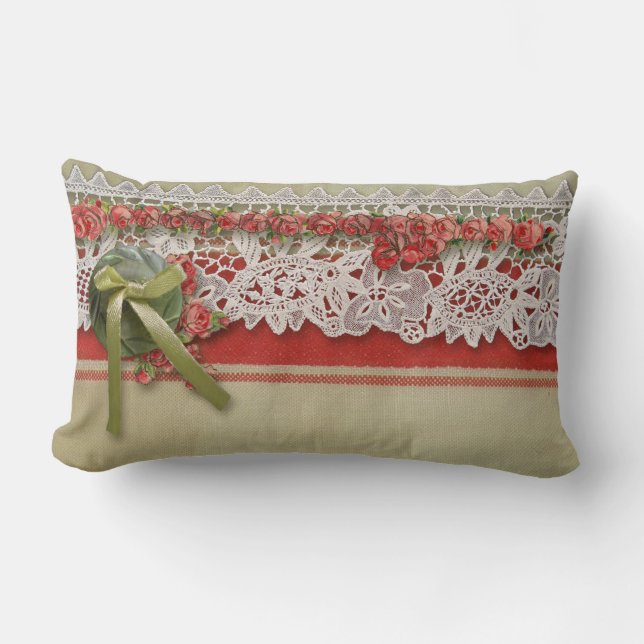 Antique Rose Lace Rustic Red Victorian Burlap Lumbar Pillow (Front)
