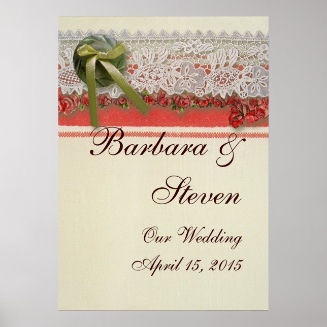 Antique Rose Lace Rustic Red Victorian Burlap Poster (Front)