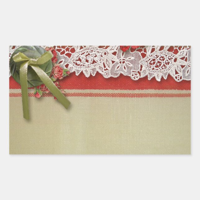 Antique Rose Lace Rustic Red Victorian Burlap Rectangular Sticker (Front)