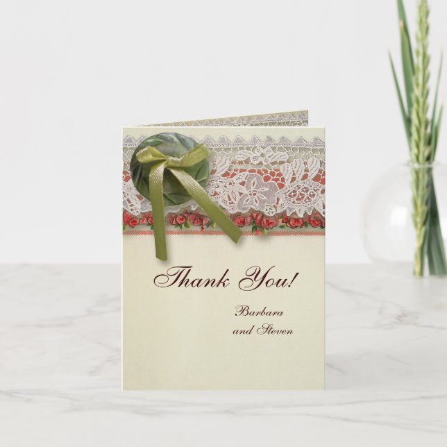 Antique Rose Lace Rustic Red Victorian Burlap Thank You Card (Front)