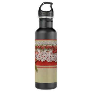 Antique Rose Lace Rustic Red Victorian Burlap Water Bottle