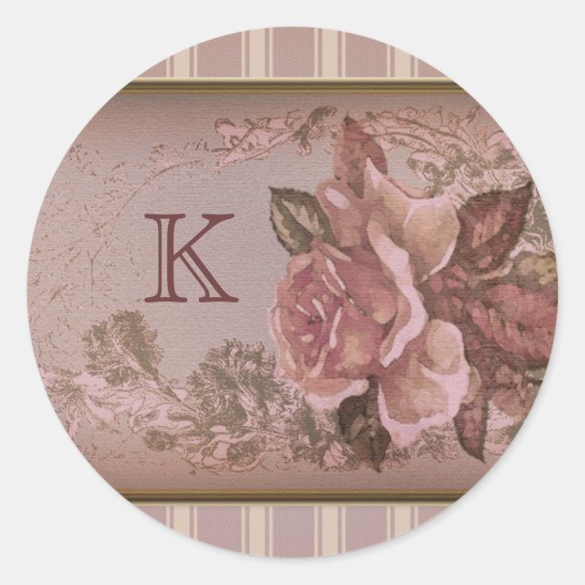 Antique Rose (pink) Custom Monogram Classic Round Sticker (Front)