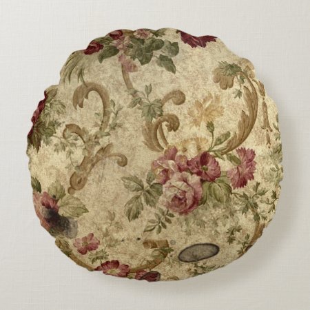 Antique Rose Print On Round Throw Pillow