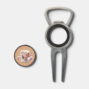 Antique Rose Teacup Golf Ball Marker Set Divot Tool