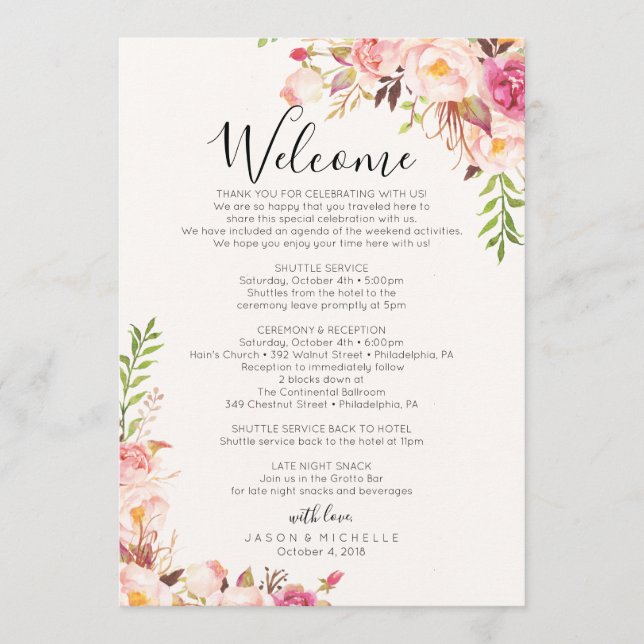 Antique Rose Wedding Itinerary - Guest Agenda Program (Front)