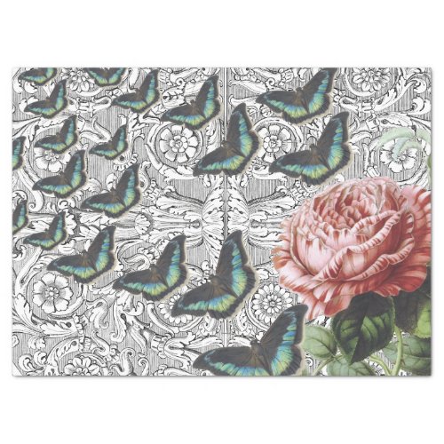 ANTIQUE ROSE WITH BUTTERFLYS BY A GARDEN GATE TISSUE PAPER