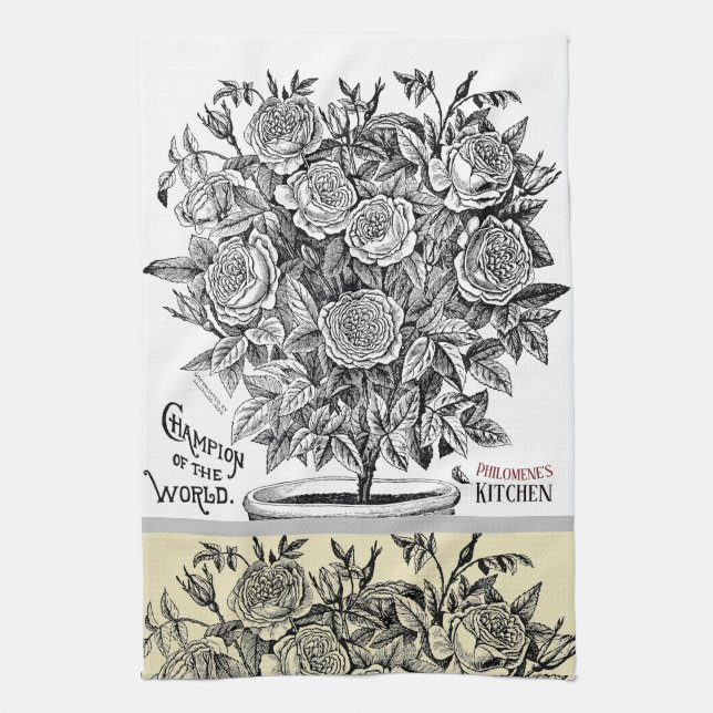 Antique Rosebush - Your Choice of Text Kitchen Towel (Vertical)