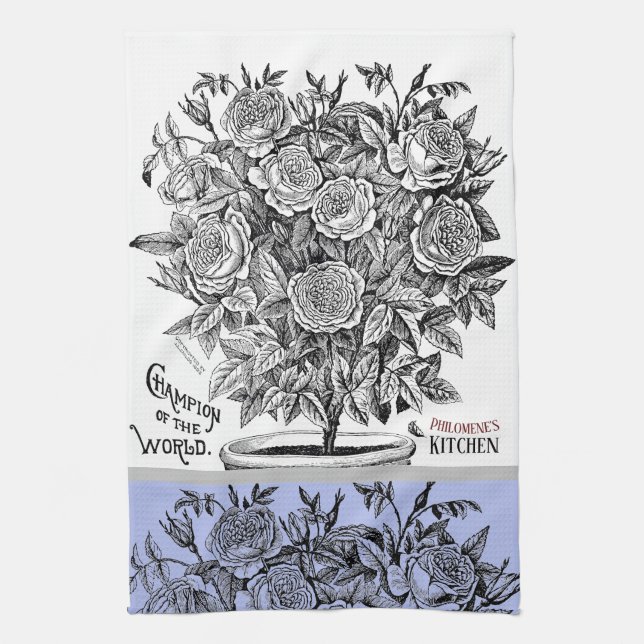 Antique Rosebush - Your Choice of Text Periwinkle Kitchen Towel (Vertical)