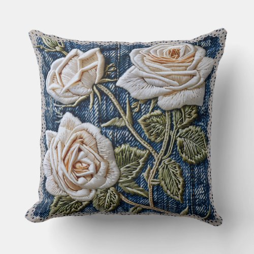 Antique Roses Embroidered Lace Denim Throw Pillow