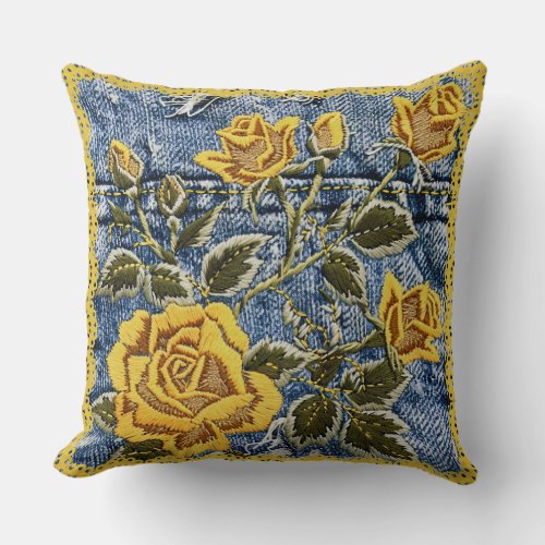 Antique Roses Embroidered Lace Denim Throw Pillow