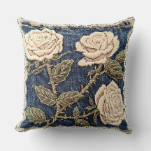 Antique Roses Embroidered Lace Denim Throw Pillow