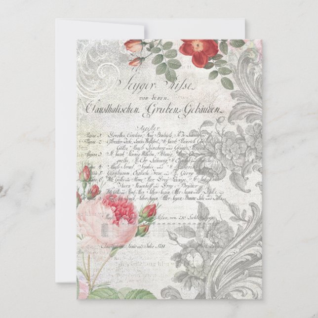 Antique Roses, Engraved Scrolls & Script Note Card (Front)