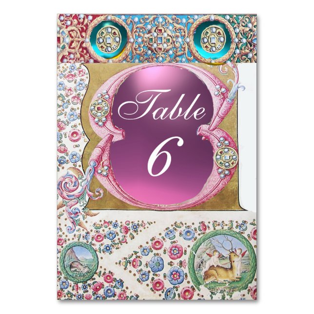 ANTIQUE ROSES, FLORAL, BLUE PINK GEMSTONES,PEARLS TABLE NUMBER (Front)