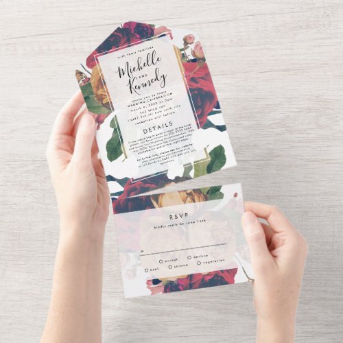 Antique Roses Vintage Boho 3 in 1 Wedding All In One Invitation
