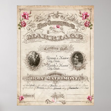 Antique Roses Vintage Marriage Certificate Poster