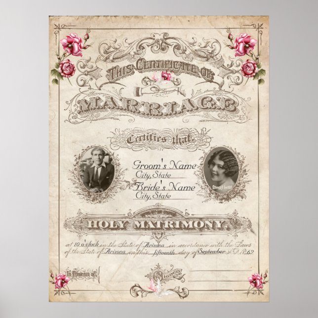 Antique Roses Vintage Marriage Certificate Poster (Front)