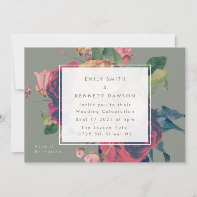 Antique Roses Vintage Moss Green Wedding Invitation (Front)