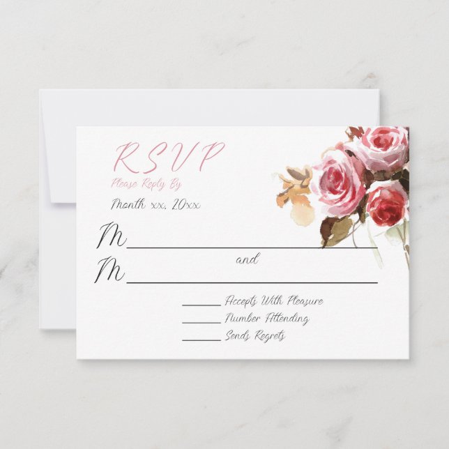 Antique Roses Watercolor Pink Wedding  RSVP Card (Front)