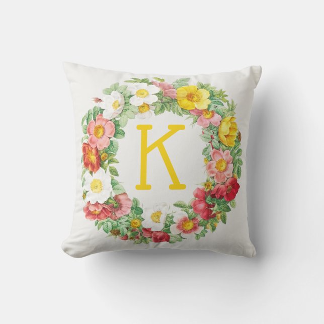 Antique Roses Wreath Monogram Throw Pillow (Front)