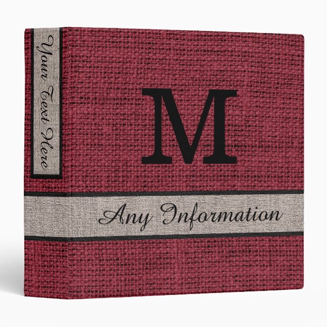 Antique ruby Burlap Linen Monogram 3 Ring Binder (Front/Spine)