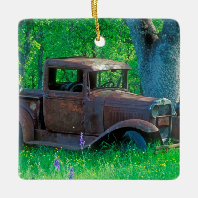Antique rusted truck in a meadow ceramic ornament (Front)