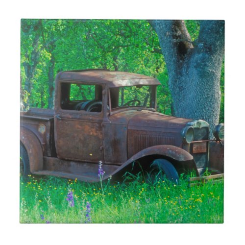 Antique rusted truck in a meadow ceramic tile