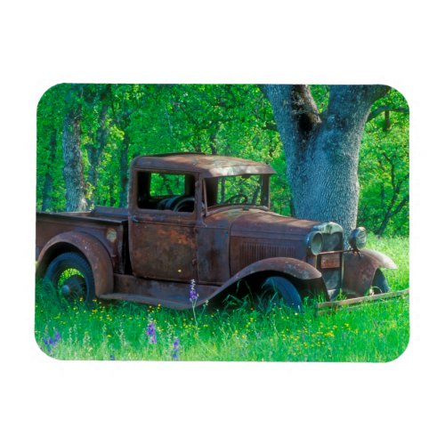 Antique rusted truck in a meadow magnet