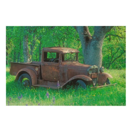 Antique rusted truck in a meadow wood wall art