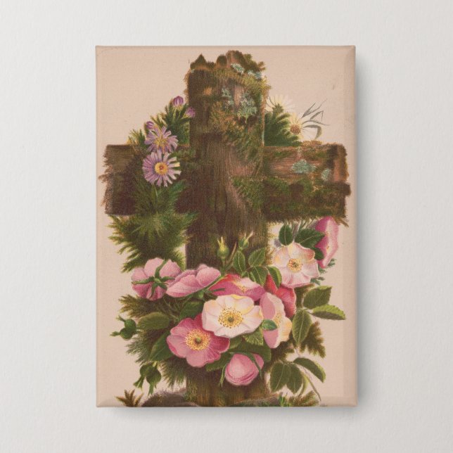 Antique Rustic Cross, Wild Roses, Easter Card, Button (Front)