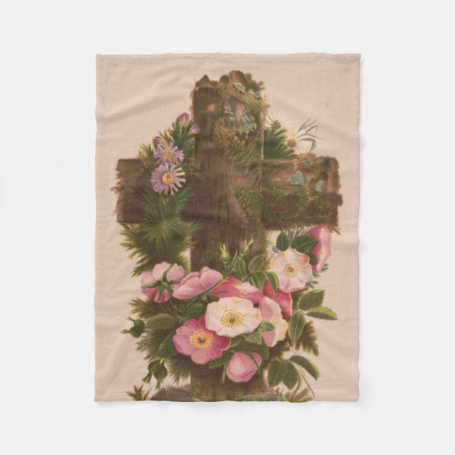 Antique Rustic Cross, Wild Roses, Easter Card, Fleece Blanket (Front)