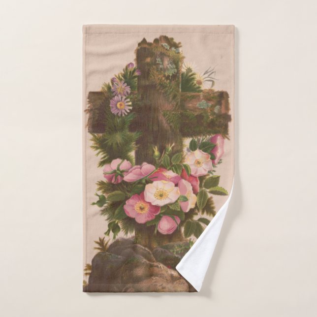 Antique Rustic Cross, Wild Roses, Easter Card, Hand Towel (Hand Towel)