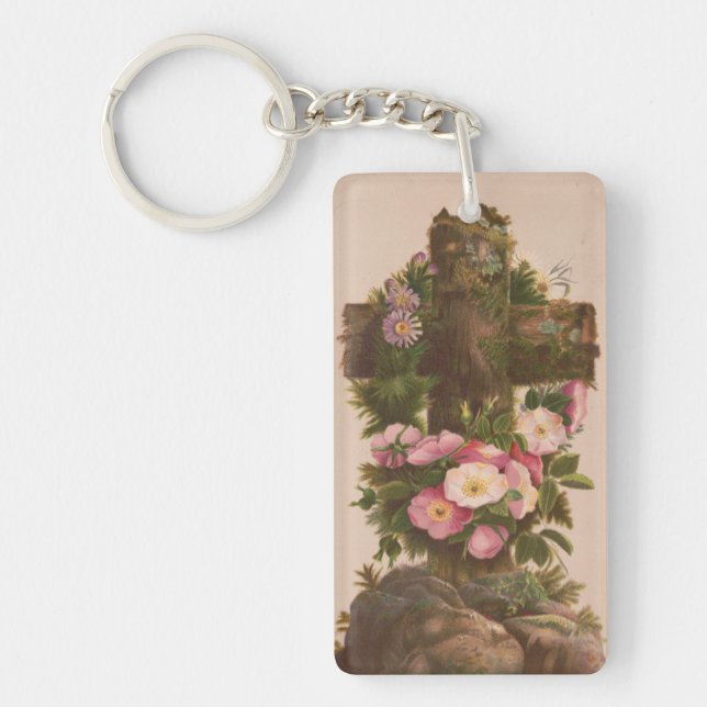 Antique Rustic Cross, Wild Roses, Easter Card, Keychain (Front)