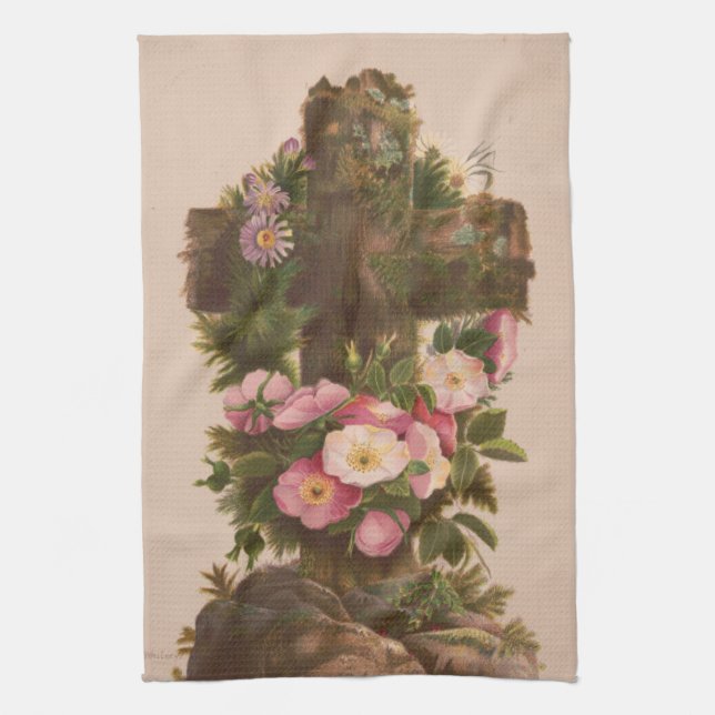 Antique Rustic Cross, Wild Roses, Easter Card, Kitchen Towel (Vertical)