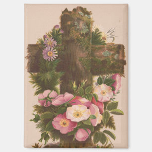 Antique Rustic Cross, Wild Roses, Easter Card, Magnet