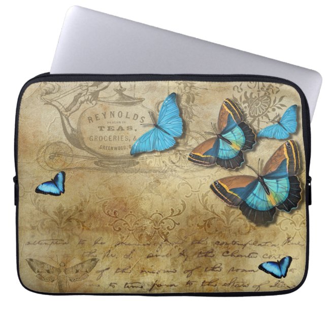 Antique Rustic Decoupage and Blue Butterflies  Laptop Sleeve (Front)