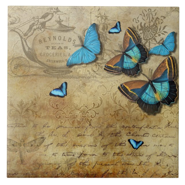 Antique Rustic Decoupage N Blue Butterflies Ceramic Tile (Front)