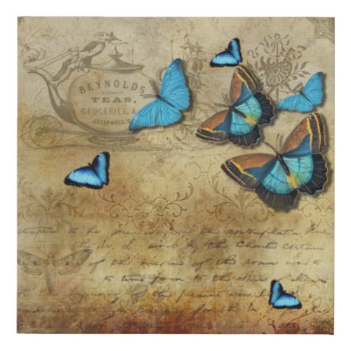 Antique Rustic Decoupage N Blue Butterflies Faux Canvas Print