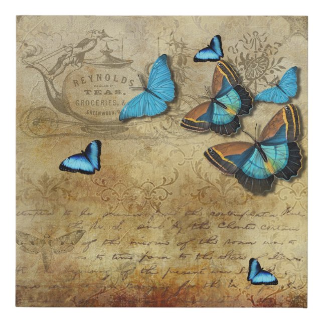 Antique Rustic Decoupage N Blue Butterflies Faux Canvas Print (Front)