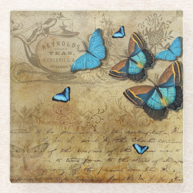 Antique Rustic Decoupage N Blue Butterflies Glass Coaster (Front)