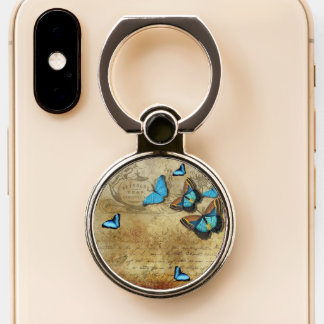 Antique Rustic Decoupage N Blue Butterflies Phone Ring Stand