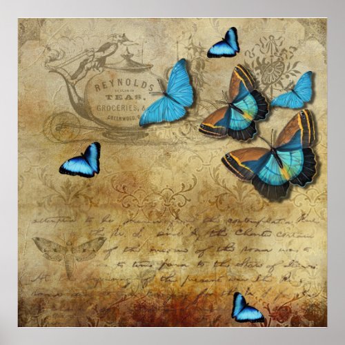 Antique Rustic Decoupage N Blue Butterflies Poster