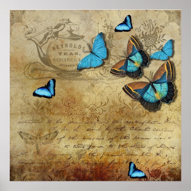 Antique Rustic Decoupage N Blue Butterflies Poster (Front)