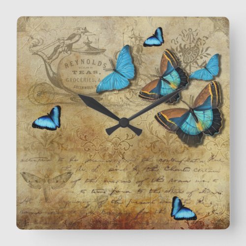 Antique Rustic Decoupage N Blue Butterflies Square Wall Clock